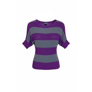 Mandee Striped Ribbed Knit Short Dolman Sleeve Top Purple Gray Size Medium